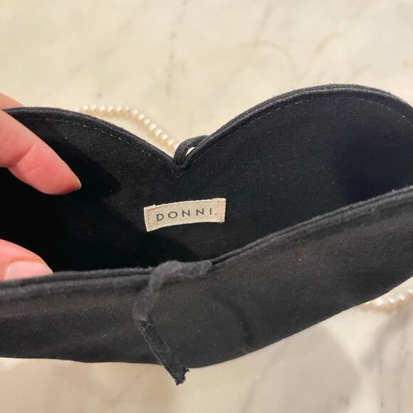 DONNI. | Black Linen Pearl Strap Mini Crush Heart-Shaped Crossbody Bag - Picture 3 of 6